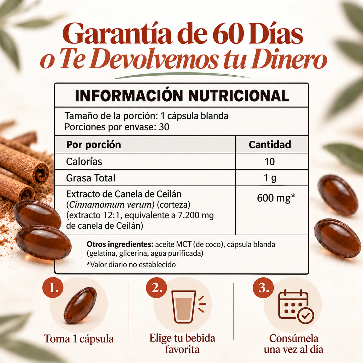 Canela de Ceilán 7.200 mg equivalentes con Aceite MCT